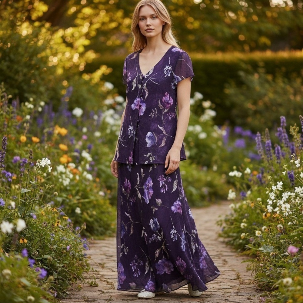 Jessica Howard Cottagecore Purple Floral Maxi Dress 8/Medium Whimsigoth Romantic